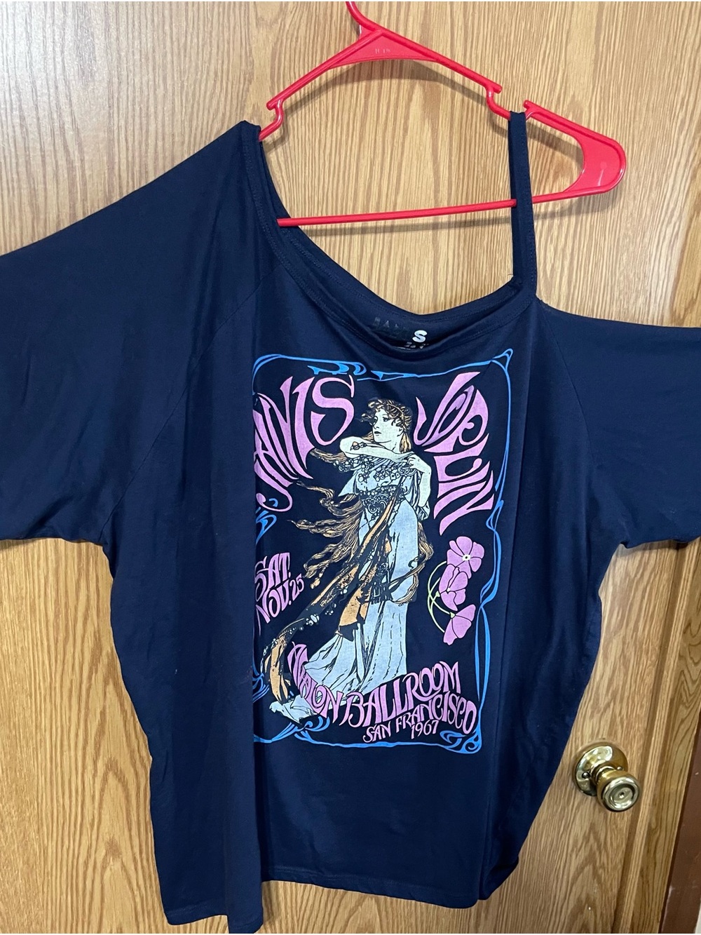 TORRID Navy Off-Shoulder Janis Joplin Graphic Tee with Pink & Blue Art